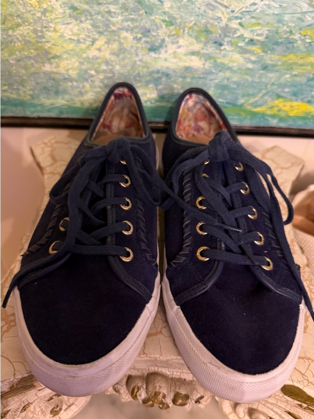 Jack Rogers Navy Suede Lace-Up Sneakers with Gold Eyelets